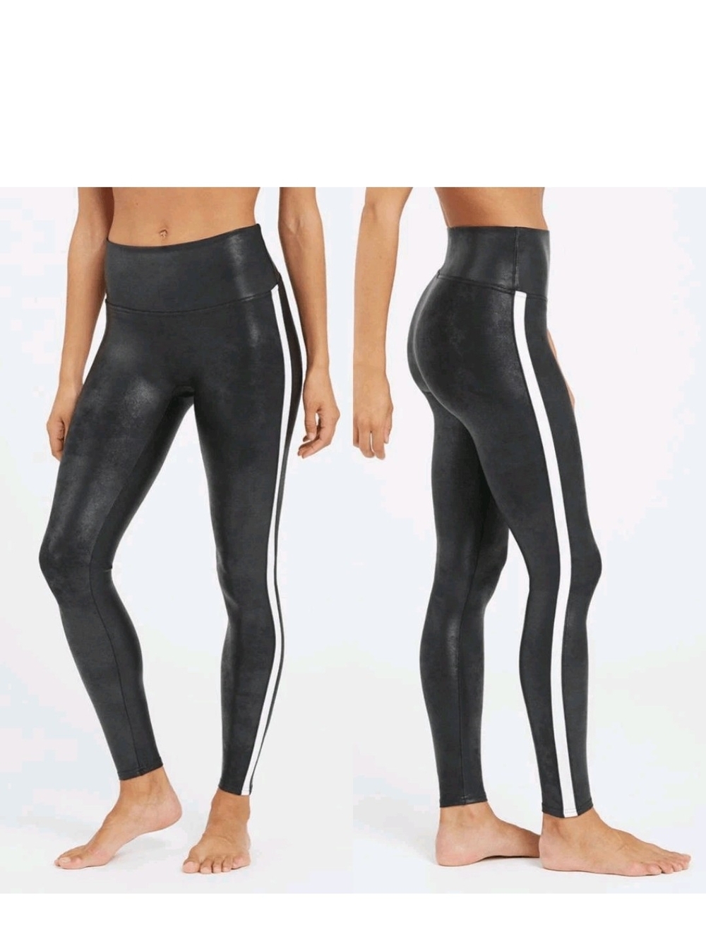 SPANX Black Leggings with White Side Stripe Detail